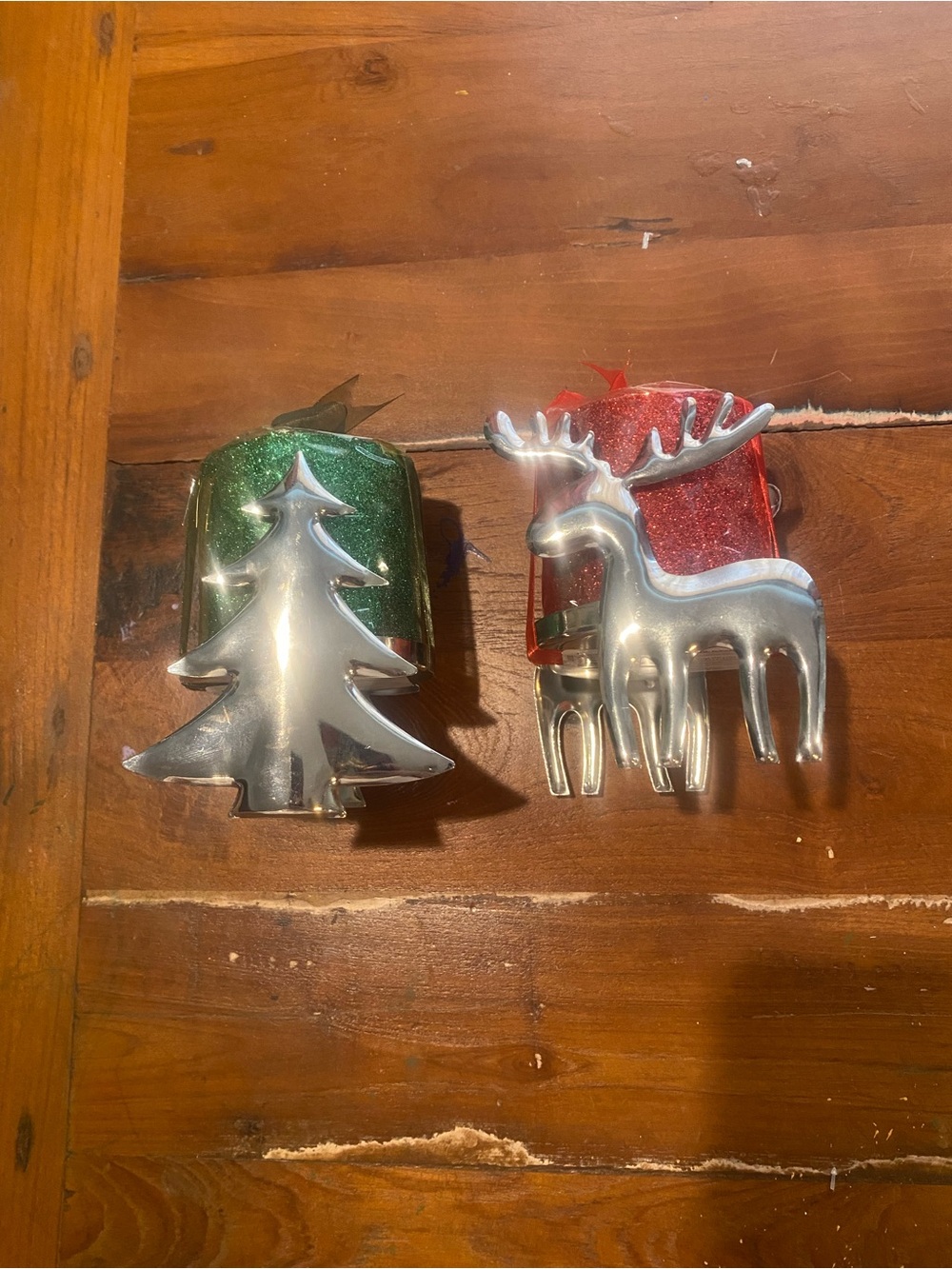 Kohl's Aluminum Reindeer and Tree Candle Holders with Red and Green Glitter
